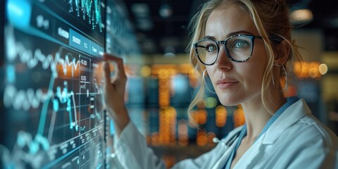 Female scientist analyzing data on a digital screen in a high-tech laboratory