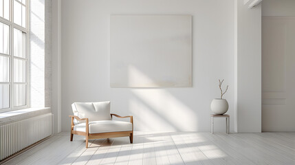A white room with a white chair and a white vase