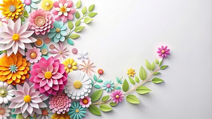 Paper cut flowers with copy space on a white background, creative spring background, paper, cut, flowers