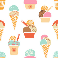 Ice-cream vector seamless pattern. Hand drawn various colorful textured summer frozen desserts on white background. Cute retro gelato in waffle cones and cups. Modern flat sweet food repeat tile