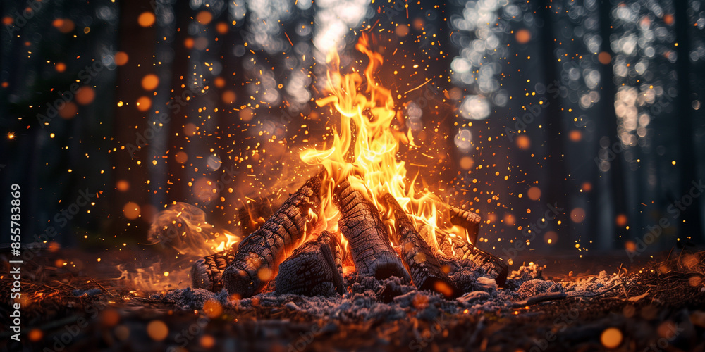 Wall mural burning bonfire in the wild at dusk