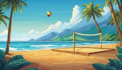 Plage style cartoon avec un terrain de volley, vacances en été, illustration