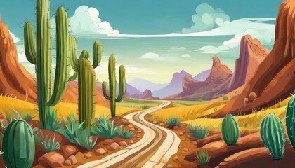 Route au milieu du désert avec des cactus dans le style cartoon