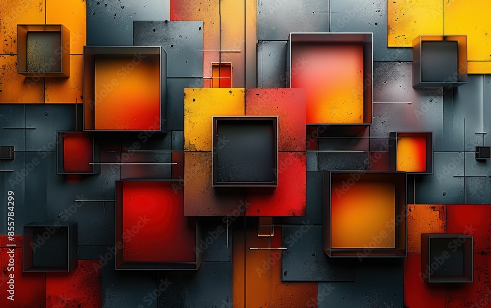 Poster a colorful wall made of square boxes with a red and yellow background. the boxes are arranged in a w