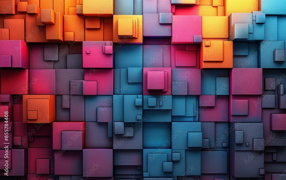 Poster a colorful background of squares with a blue square in the middle. the squares are of different colo