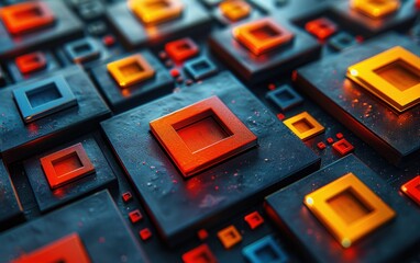 A colorful image of squares and rectangles with a metallic look. The squares are in various colors and sizes, and the rectangles are also in different colors and sizes. The image has a futuristic