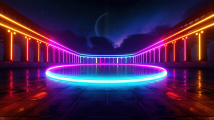A neon-lit stadium with a large circular pool of neon lights