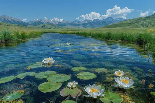 A peaceful wetland area with diverse bird species, amphibians, and plant life, highlighting the importance of wetland conservation. 