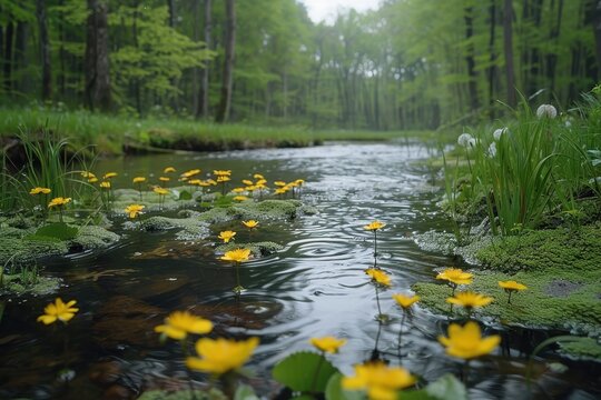 A peaceful wetland area with diverse bird species, amphibians, and plant life, highlighting the importance of wetland conservation. 