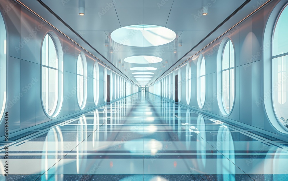 Poster a long, empty hallway with a large circular window in the middle. the windows are all the same size 