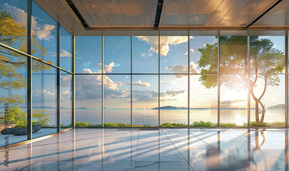 Poster image of empty spacious modern room with large window and glass walls with scenic view of landscape 