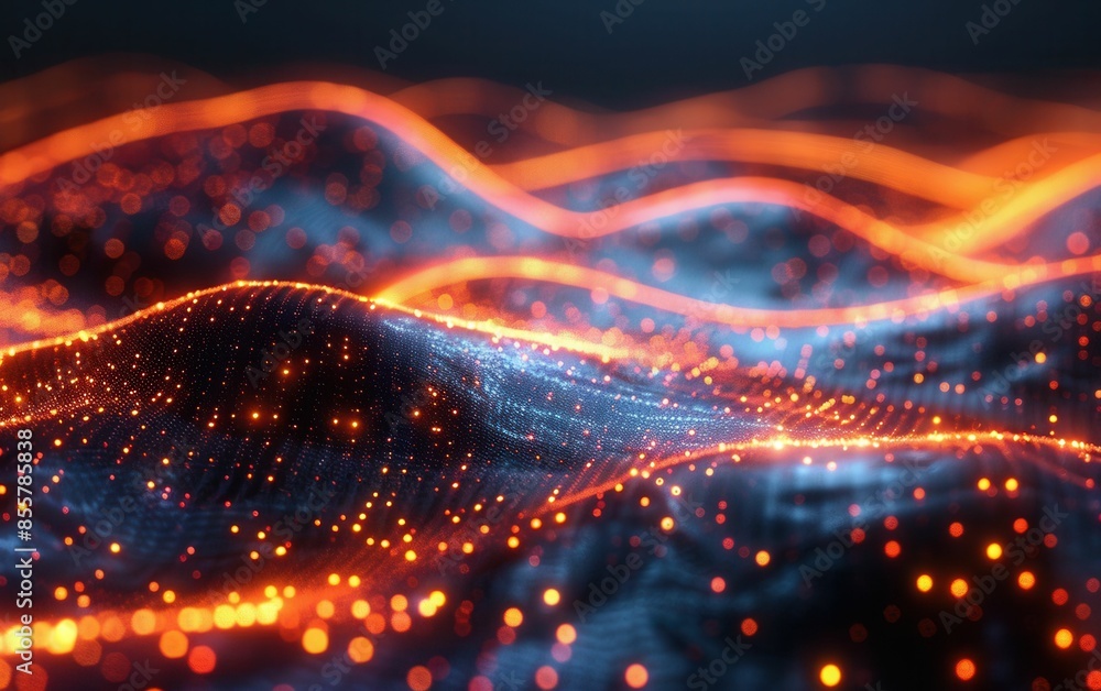 Poster a computer generated image of a wave with orange and blue colors. the image has a futuristic and abs