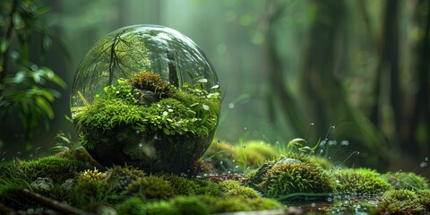 a glass globe symbolizing planet Earth with plants inside it