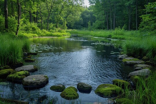 A peaceful wetland area with diverse bird species, amphibians, and plant life, highlighting the importance of wetland conservation. 
