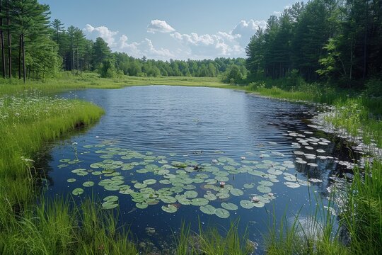 A peaceful wetland area with diverse bird species, amphibians, and plant life, highlighting the importance of wetland conservation. 