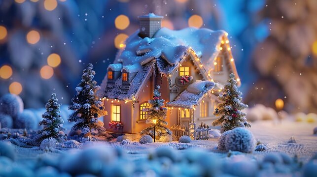 A 3D model of a snow-covered house adorned with festive Christmas lights and decorations, highly detailed photograph, ultra-sharp and clear