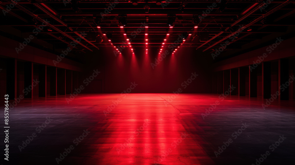 Poster a large empty room with red lights shining down on the floor