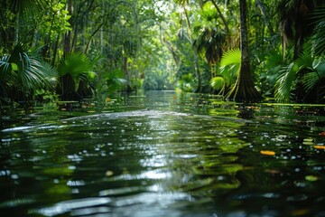 Obraz premium A peaceful wetland area with diverse bird species, amphibians, and plant life, highlighting the importance of wetland conservation. 