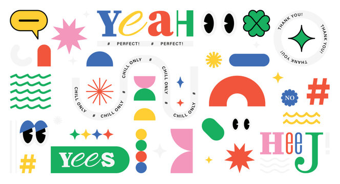 Naklejki Groovy circle oval rectangle arch eyes typography, sticker shapes, abstract geometric shapes, brutalism aesthetic style flat vector illustration on background. 