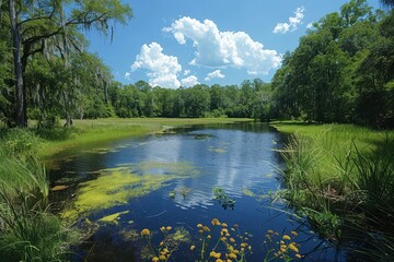 A peaceful wetland area with diverse bird species, amphibians, and plant life, highlighting the importance of wetland conservation. 