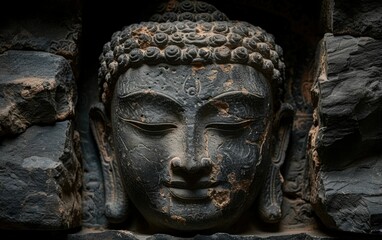 A black statue of a face with a small hole in the middle of it. The face is very detailed and has a serene expression