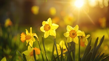 Obraz premium Dazzling Yellow Daffodils in the morning sun A beautiful spring scene