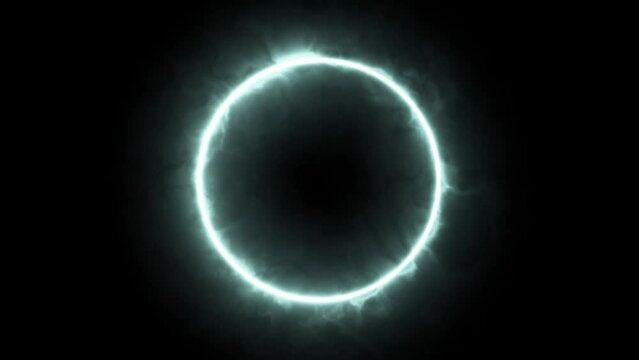 Glowing Cyan Fire shining Eclipse rotate in moving around black circle motion graphic
