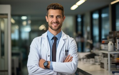 Obraz premium A man in a white lab coat and blue shirt is smiling and posing for a picture. He is wearing a watch and a tie