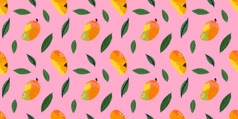 Mango seamless pattern. Abstract exotic tropical fresh fruit. Healthy juice. Botanical element. Decor textile, wrapping paper, wallpaper design. Print fabric, vector cartoon minimalistic illustration