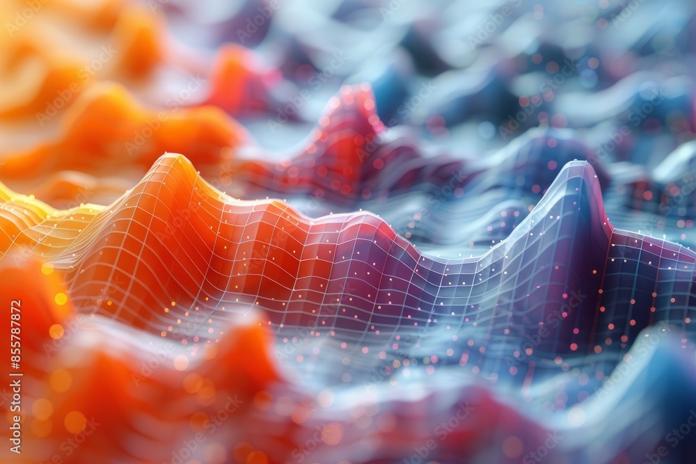 Poster abstract 3d wave grid with vibrant colors and glowing data points