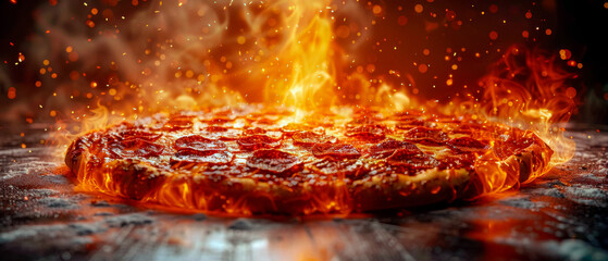 Pepperoni pizza on fire, the flames are licking the edge of the pizza