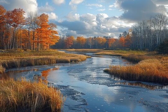 A peaceful wetland area with diverse bird species, amphibians, and plant life, highlighting the importance of wetland conservation. 