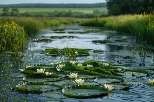 A peaceful wetland area with diverse bird species, amphibians, and plant life, highlighting the importance of wetland conservation. 