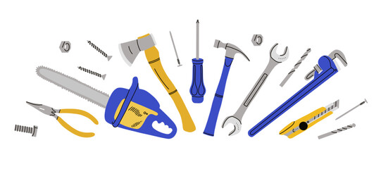 Repair tools set. House construction equipment. Doodle style drawing. Building instruments screwdriver saw and hammer. Renovation industry. Vector cartoon flat isolated contemporary style illustration