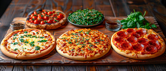Fototapeta premium Different types of artisan pizzas displayed on wooden table, mix of fresh ingredients