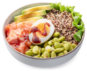 Salmon quinoa bowl with greens and vegetable. Balance in bowl. File contains clipping path.