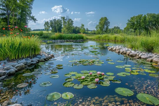A peaceful wetland area with diverse bird species, amphibians, and plant life, highlighting the importance of wetland conservation. 