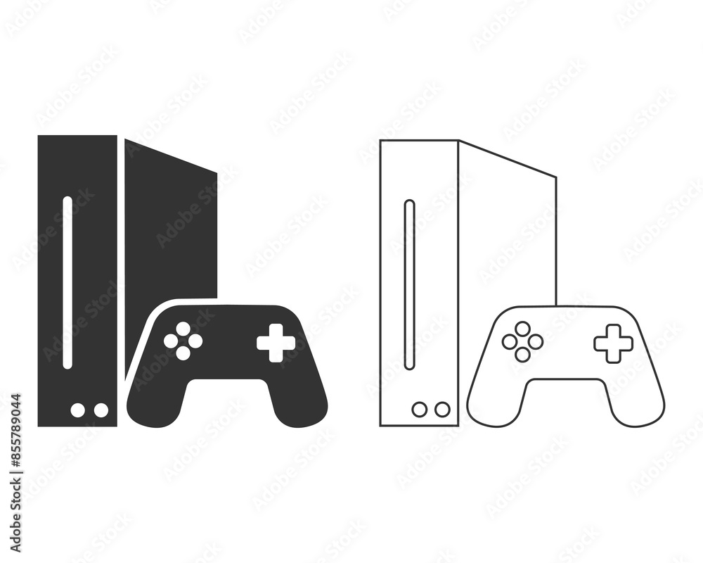 Poster video game console with joystick line icon isolated on white background. vector