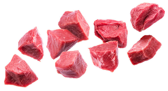 Different diced beef cuts levitating in air on white background. File contains clipping paths.