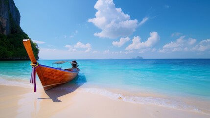 tropical beach scene with longtail boat on calm turquoise water.