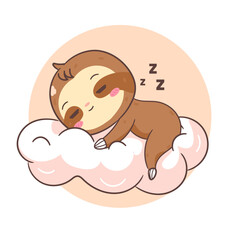 Cute Sleeping on the Cloud Sloth Cartoon Character. Adorable and Kawaii Animal Concept Design. Icon Mascot Vector Illustration