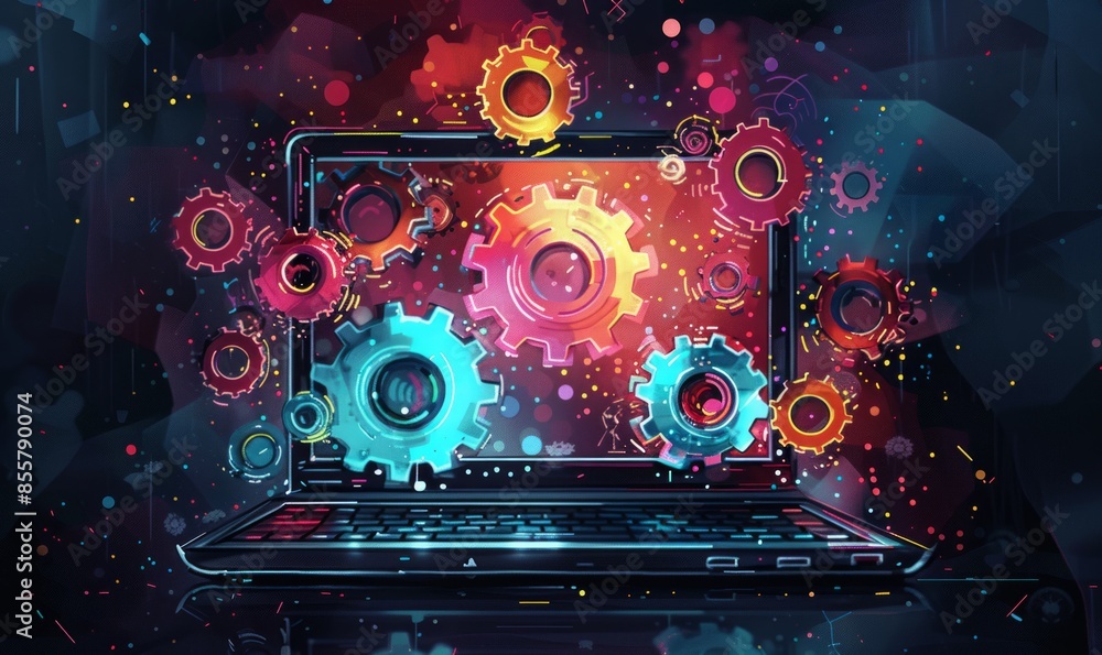 Poster opened blank laptop with intersecting colorful gears over screen and on dark background