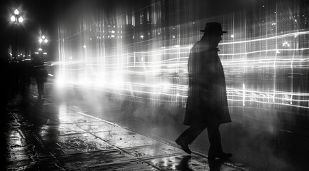 silhouette of a person in the Fast blurred city background