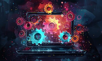 opened blank laptop with intersecting colorful gears over screen and on dark background
