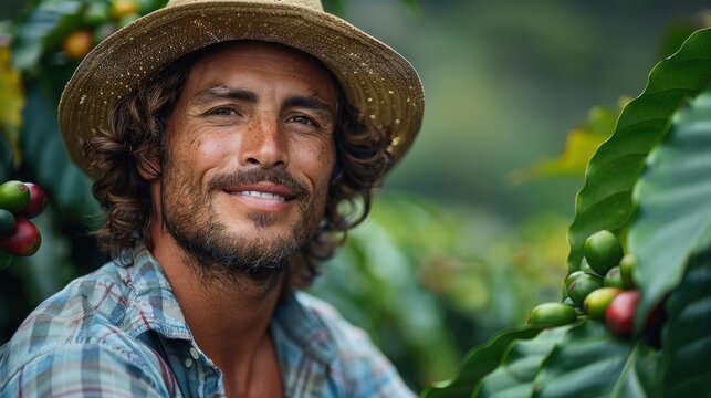 Portrait of smiling man holding coffee beans in the coffee plantation.