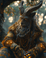 enigmatic satyr shaman performing a ritual surrounded by glowing symbols and ancient artifacts, mystical and atmospheric, fantasy illustration