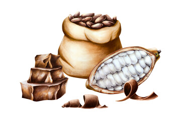 Stack pieces of chocolate, open cocoa pod, fruit. Beans in a canvas bag. Hand drawn realistic organic superfood watercolor illustration isolated on background. For designers, packaging design, menu