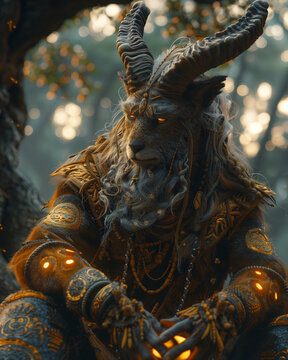 enigmatic satyr shaman performing a ritual surrounded by glowing symbols and ancient artifacts, mystical and atmospheric, fantasy illustration