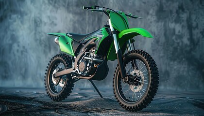a side view of an offroad dirt bike, high suspension, green and black, on nice location or cool background
