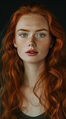 Fototapeta premium Beautiful red-haired girl close-up on gray background